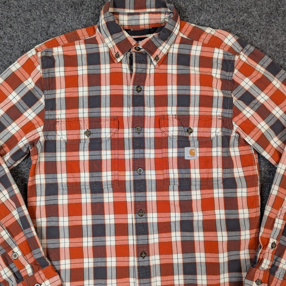 Carhartt Mens Loose Fit Plaid Button Down Shirt Red Grey Cotton Mens Small